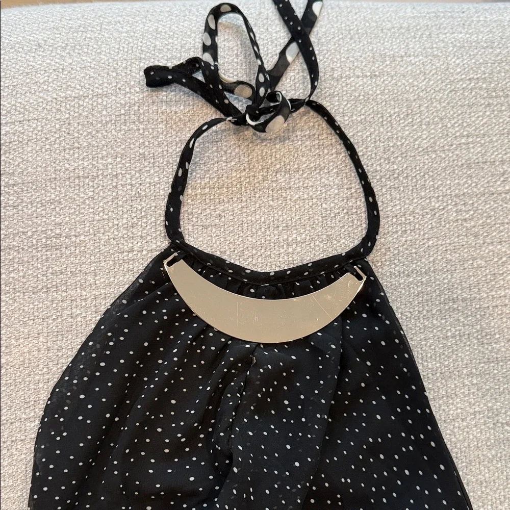 Black Polka Dot Halter Chiffon Maxi Dress Open Back - Picture 7 of 8